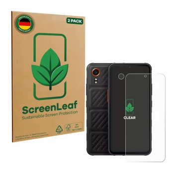 Parte frontale di una confezione del prodotto con il logo del marchio ScreenLeaf. Accanto è raffigurato il dispositivo Samsung