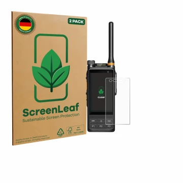 Parte frontale di una confezione del prodotto con il logo del marchio ScreenLeaf. Accanto è raffigurato il dispositivo Hytera 