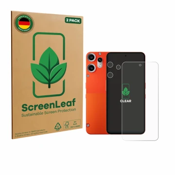 Parte frontale di una confezione del prodotto con il logo del marchio ScreenLeaf. Accanto è raffigurato il dispositivo Nothing