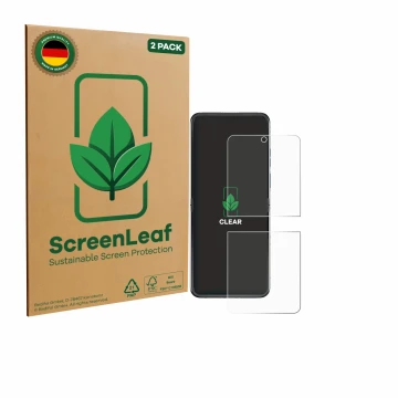 Parte frontale di una confezione del prodotto con il logo del marchio ScreenLeaf. Accanto è raffigurato il dispositivo Motorol
