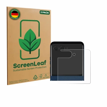Parte frontale di una confezione del prodotto con il logo del marchio ScreenLeaf. Accanto è raffigurato il dispositivo Motorol