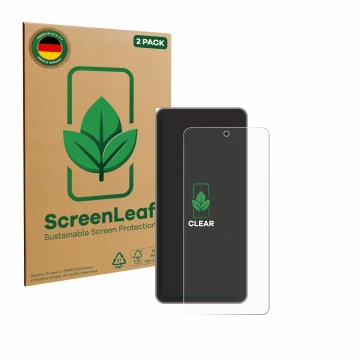 Parte frontale di una confezione del prodotto con il logo del marchio ScreenLeaf. Accanto è raffigurato il dispositivo realme 