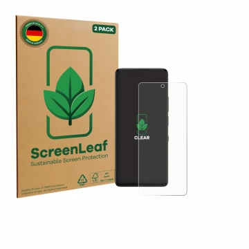 Parte frontale di una confezione del prodotto con il logo del marchio ScreenLeaf. Accanto è raffigurato il dispositivo TCL 60 