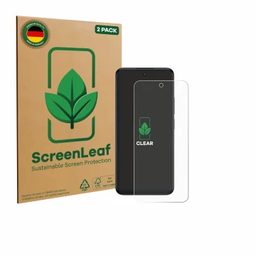 Parte frontale di una confezione del prodotto con il logo del marchio ScreenLeaf. Accanto è raffigurato il dispositivo TCL SE 