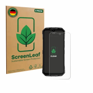Parte frontale di una confezione del prodotto con il logo del marchio ScreenLeaf. Accanto è raffigurato il dispositivo Doogee 