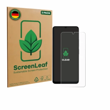 Parte frontale di una confezione del prodotto con il logo del marchio ScreenLeaf. Accanto è raffigurato il dispositivo Doogee 