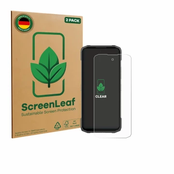 Parte frontale di una confezione del prodotto con il logo del marchio ScreenLeaf. Accanto è raffigurato il dispositivo Doogee 