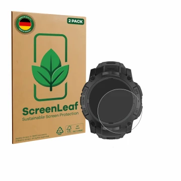 Parte frontale di una confezione del prodotto con il logo del marchio ScreenLeaf. Accanto è raffigurato il dispositivo Garmin 
