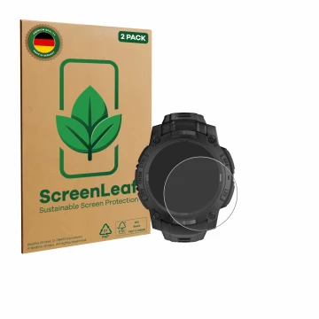 Parte frontale di una confezione del prodotto con il logo del marchio ScreenLeaf. Accanto è raffigurato il dispositivo Garmin 