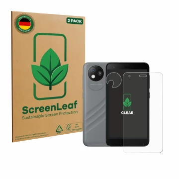 Parte frontale di una confezione del prodotto con il logo del marchio ScreenLeaf. Accanto è raffigurato il dispositivo ZTE Bla