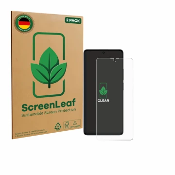 Parte frontale di una confezione del prodotto con il logo del marchio ScreenLeaf. Accanto è raffigurato il dispositivo Xiaomi 