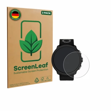 Parte frontale di una confezione del prodotto con il logo del marchio ScreenLeaf. Accanto è raffigurato il dispositivo Suunto 