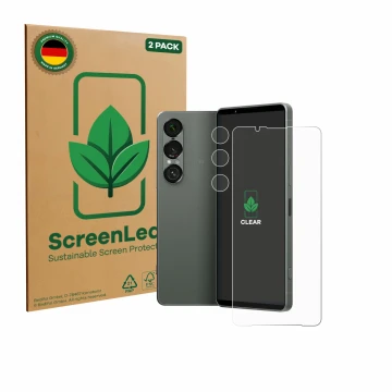 Parte frontale di una confezione del prodotto con il logo del marchio ScreenLeaf. Accanto è raffigurato il dispositivo Sony Xp
