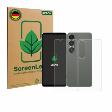 Parte frontale di una confezione del prodotto con il logo del marchio ScreenLeaf. Accanto è raffigurato il dispositivo Sony Xp