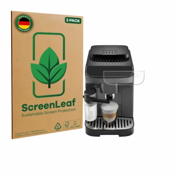 Parte frontale di una confezione del prodotto con il logo del marchio ScreenLeaf. Accanto è raffigurato il dispositivo DeLongh
