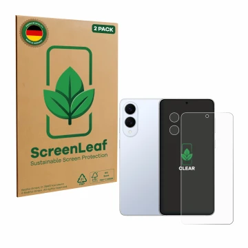 Parte frontale di una confezione del prodotto con il logo del marchio ScreenLeaf. Accanto è raffigurato il dispositivo Samsung