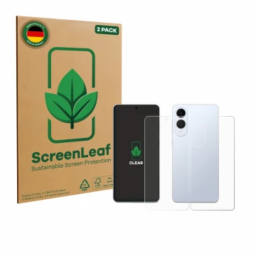 Parte frontale di una confezione del prodotto con il logo del marchio ScreenLeaf. Accanto è raffigurato il dispositivo Samsung