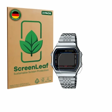 Parte frontale di una confezione del prodotto con il logo del marchio ScreenLeaf. Accanto è raffigurato il dispositivo Casio i