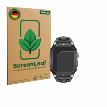 Parte frontale di una confezione del prodotto con il logo del marchio ScreenLeaf. Accanto è raffigurato il dispositivo Oukitel