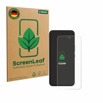 Parte frontale di una confezione del prodotto con il logo del marchio ScreenLeaf. Accanto è raffigurato il dispositivo Infinix