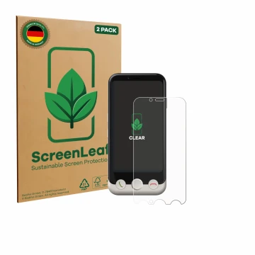 Parte frontale di una confezione del prodotto con il logo del marchio ScreenLeaf. Accanto è raffigurato il dispositivo Doro Au