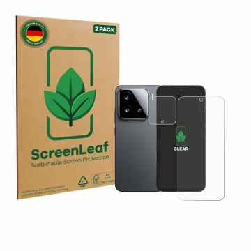 Parte frontale di una confezione del prodotto con il logo del marchio ScreenLeaf. Accanto è raffigurato il dispositivo Xiaomi 