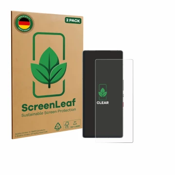 Parte frontale di una confezione del prodotto con il logo del marchio ScreenLeaf. Accanto è raffigurato il dispositivo ZTE Nub
