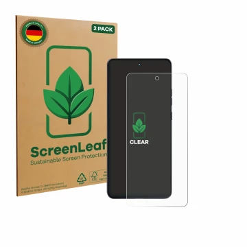 Parte frontale di una confezione del prodotto con il logo del marchio ScreenLeaf. Accanto è raffigurato il dispositivo Motorol