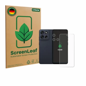 Parte frontale di una confezione del prodotto con il logo del marchio ScreenLeaf. Accanto è raffigurato il dispositivo Motorol