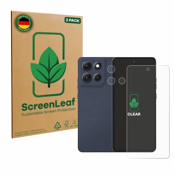 Parte frontale di una confezione del prodotto con il logo del marchio ScreenLeaf. Accanto è raffigurato il dispositivo Motorol