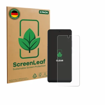 Parte frontale di una confezione del prodotto con il logo del marchio ScreenLeaf. Accanto è raffigurato il dispositivo Oppo A4