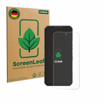 Parte frontale di una confezione del prodotto con il logo del marchio ScreenLeaf. Accanto è raffigurato il dispositivo Oukitel