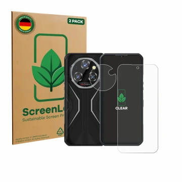 Parte frontale di una confezione del prodotto con il logo del marchio ScreenLeaf. Accanto è raffigurato il dispositivo Oukitel