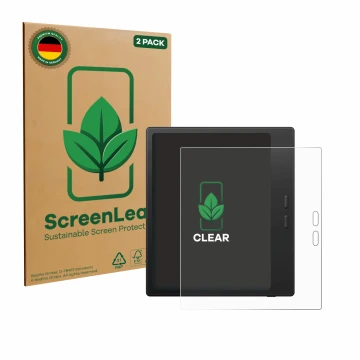 Parte frontale di una confezione del prodotto con il logo del marchio ScreenLeaf. Accanto è raffigurato il dispositivo Boox Go