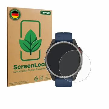 Parte frontale di una confezione del prodotto con il logo del marchio ScreenLeaf. Accanto è raffigurato il dispositivo Garmin 