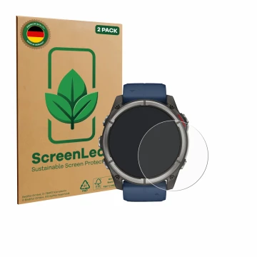 Parte frontale di una confezione del prodotto con il logo del marchio ScreenLeaf. Accanto è raffigurato il dispositivo Garmin 