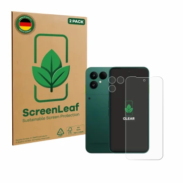 Parte frontale di una confezione del prodotto con il logo del marchio ScreenLeaf. Accanto è raffigurato il dispositivo Fairpho