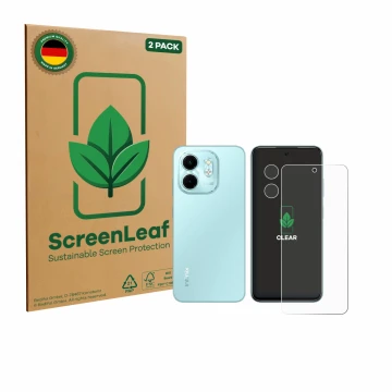 Parte frontale di una confezione del prodotto con il logo del marchio ScreenLeaf. Accanto è raffigurato il dispositivo Infinix