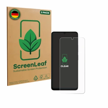 Parte frontale di una confezione del prodotto con il logo del marchio ScreenLeaf. Accanto è raffigurato il dispositivo Doogee 