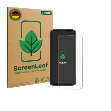 Parte frontale di una confezione del prodotto con il logo del marchio ScreenLeaf. Accanto è raffigurato il dispositivo Doogee 