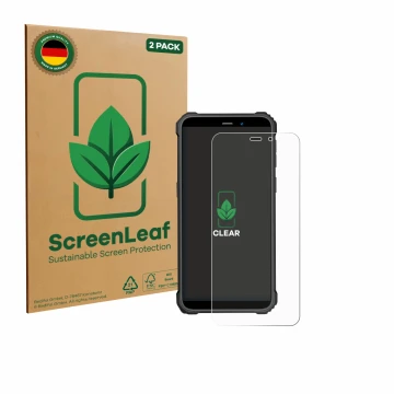 Parte frontale di una confezione del prodotto con il logo del marchio ScreenLeaf. Accanto è raffigurato il dispositivo Oukitel