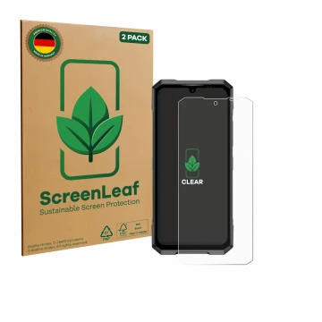 Parte frontale di una confezione del prodotto con il logo del marchio ScreenLeaf. Accanto è raffigurato il dispositivo Doogee 