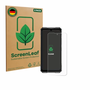Parte frontale di una confezione del prodotto con il logo del marchio ScreenLeaf. Accanto è raffigurato il dispositivo Doogee 