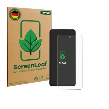 Parte frontale di una confezione del prodotto con il logo del marchio ScreenLeaf. Accanto è raffigurato il dispositivo OnePlus