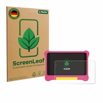 Parte frontale di una confezione del prodotto con il logo del marchio ScreenLeaf. Accanto è raffigurato il dispositivo Happybe