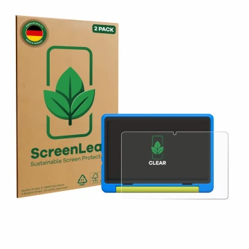 Parte frontale di una confezione del prodotto con il logo del marchio ScreenLeaf. Accanto è raffigurato il dispositivo Happybe