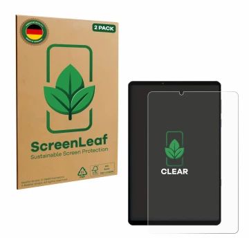 Parte frontale di una confezione del prodotto con il logo del marchio ScreenLeaf. Accanto è raffigurato il dispositivo Lenovo 