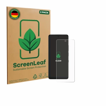 Parte frontale di una confezione del prodotto con il logo del marchio ScreenLeaf. Accanto è raffigurato il dispositivo TCL 50 