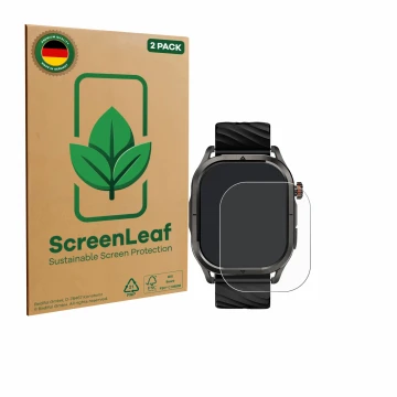 Parte frontale di una confezione del prodotto con il logo del marchio ScreenLeaf. Accanto è raffigurato il dispositivo Kospet 