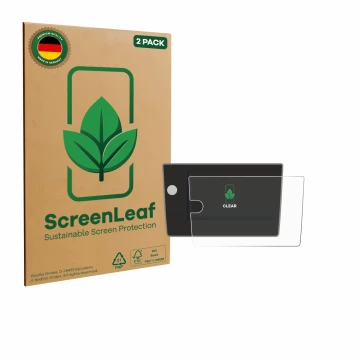 Parte frontale di una confezione del prodotto con il logo del marchio ScreenLeaf. Accanto è raffigurato il dispositivo Volkswa